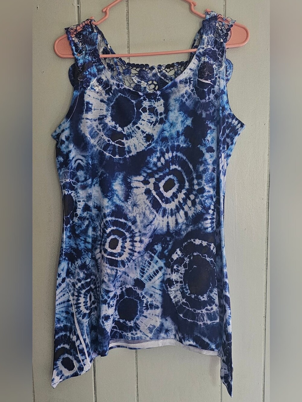 Blue Tie-Dye Crochet-Back Tank Top